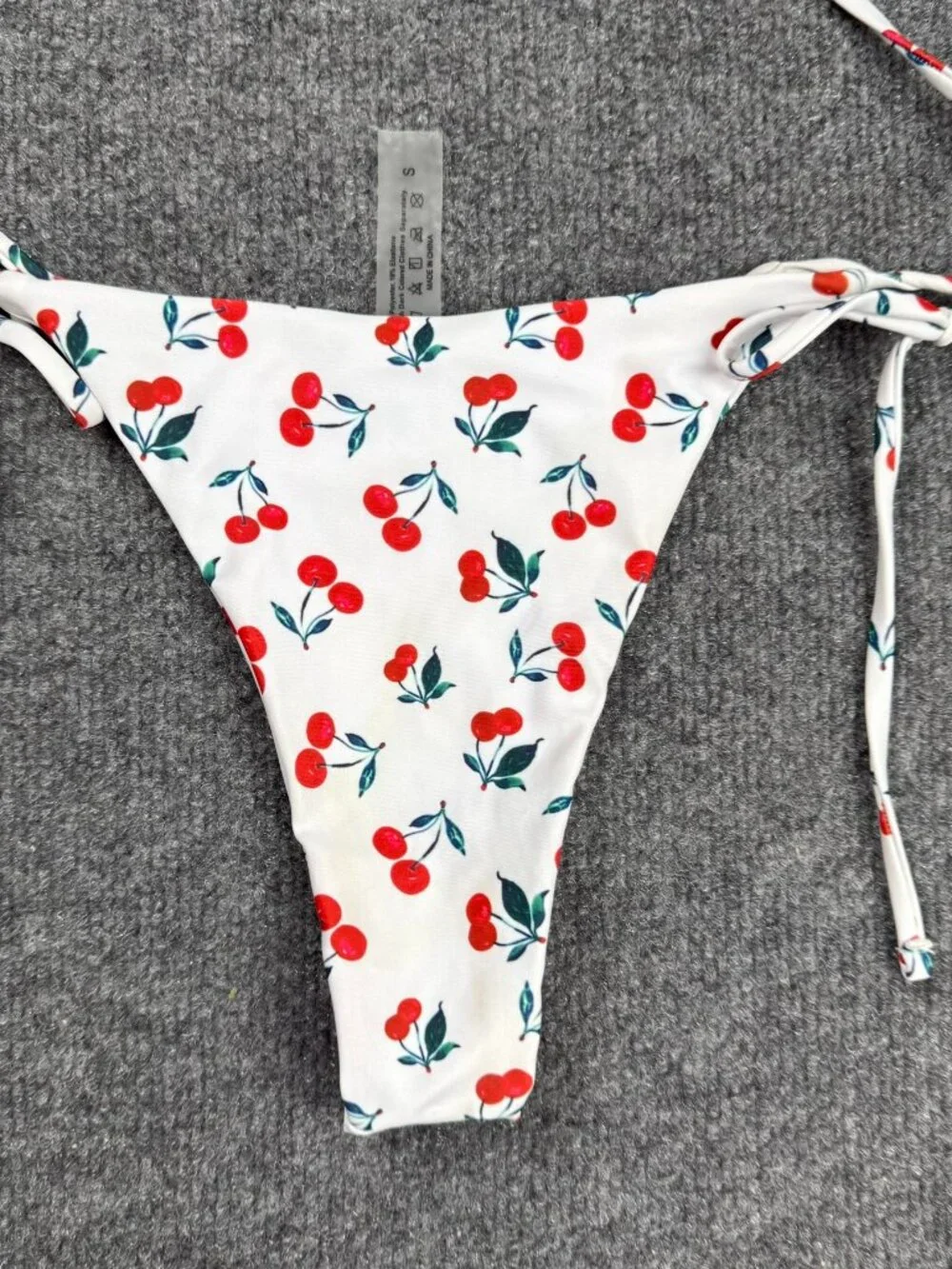 Women's Cherry Print Bikini Bottom Size S White Red Tie Side Cheeky Thong Stain